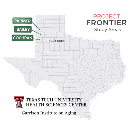 Texas map depicting Parmer, Bailey, Cochran, and Hockley counties with arrows. pointing to those sections on the map. TTUHSC Garrison Institue on Aging logo overlapping the bottom left portion of Texas and the words Project FRONTIER Study Areas in the top right of the image.