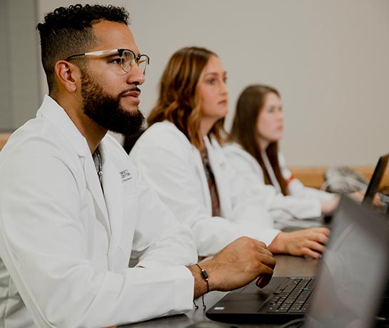 Students sitting at a table on the computer looking up