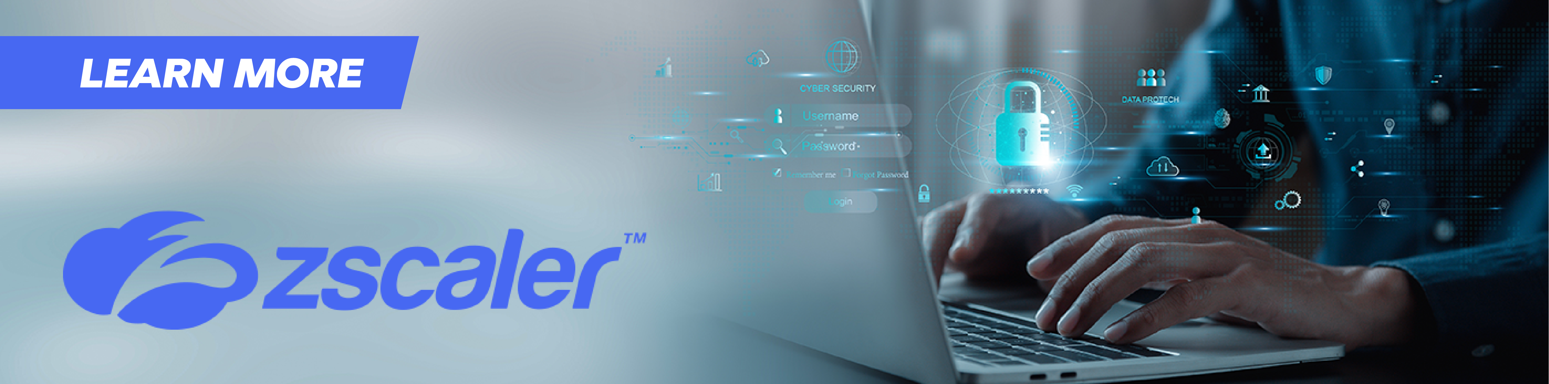 Zscaler Banner man working at a laptop computer, image is overlaid with cyber icons and technology type graphics, image also have a zscaler logo in the left bottom of the banner and above that it reads, learn more.