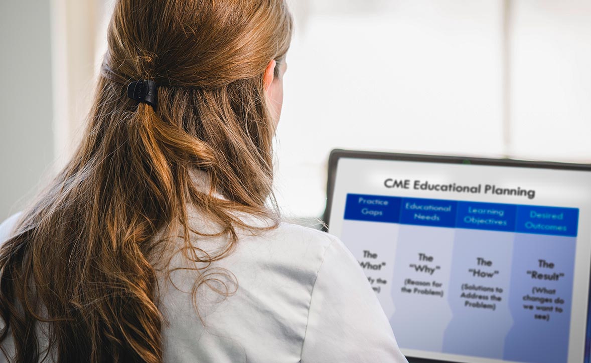 student staring at computer screen with CME educational planning infographic