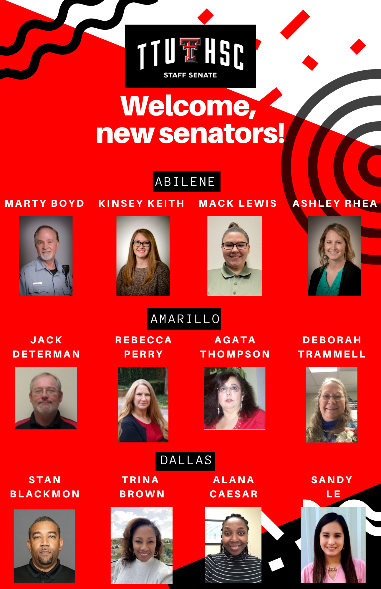 TTUHSC Staff Senate welcomes new senators from Abilene, Amarillo, and Dallas with names and photos of each.