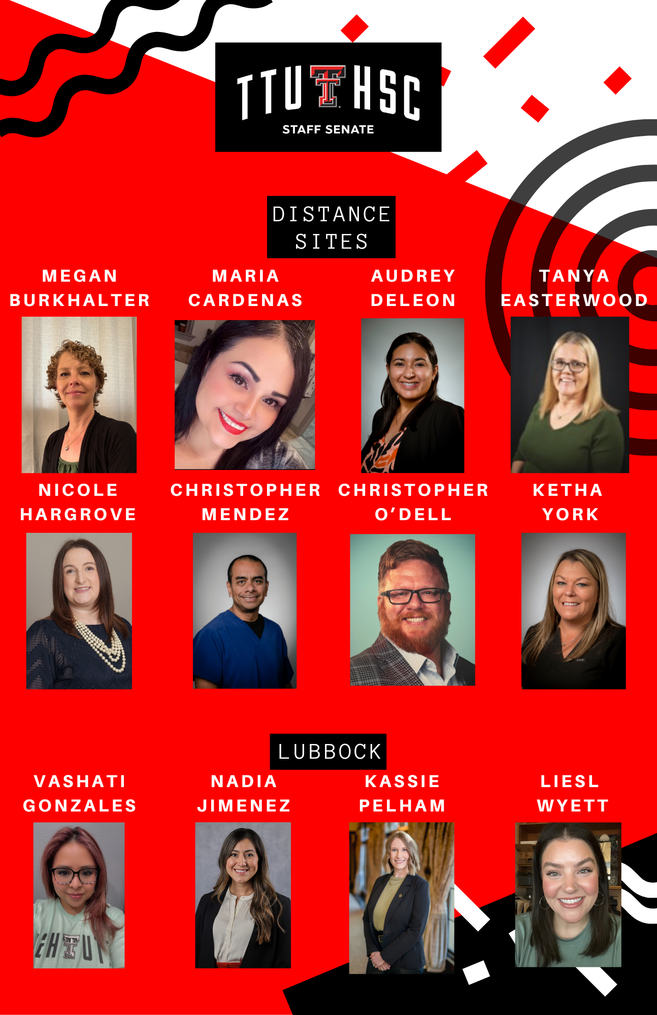 TTUHSC Staff Senate welcomes new senators from Distance Sites and Lubbock, featuring names and photos of each.