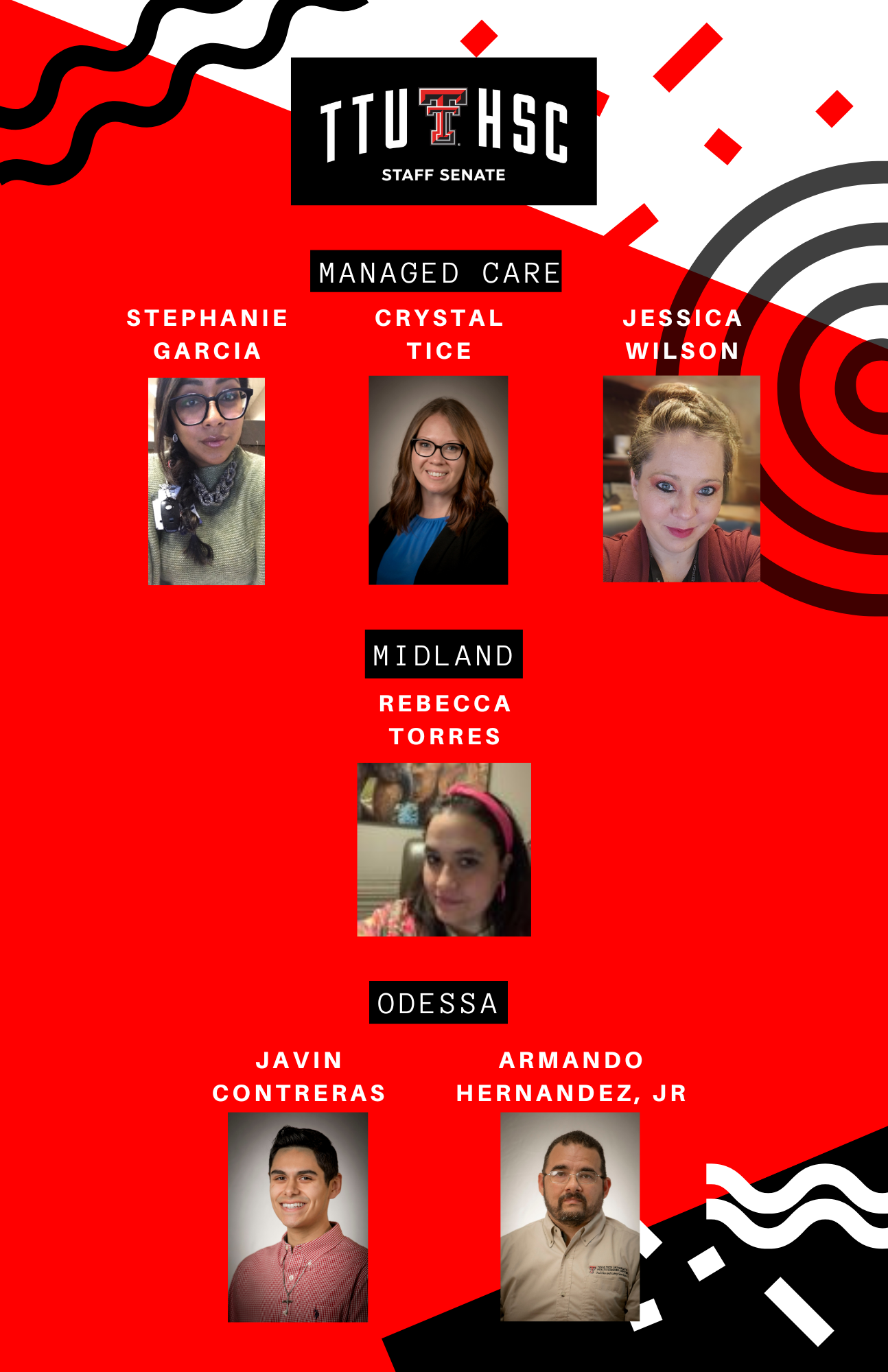 TTUHSC Staff Senate welcomes new senators from Managed Care, Midland, and Odessa, with names and photos of each.