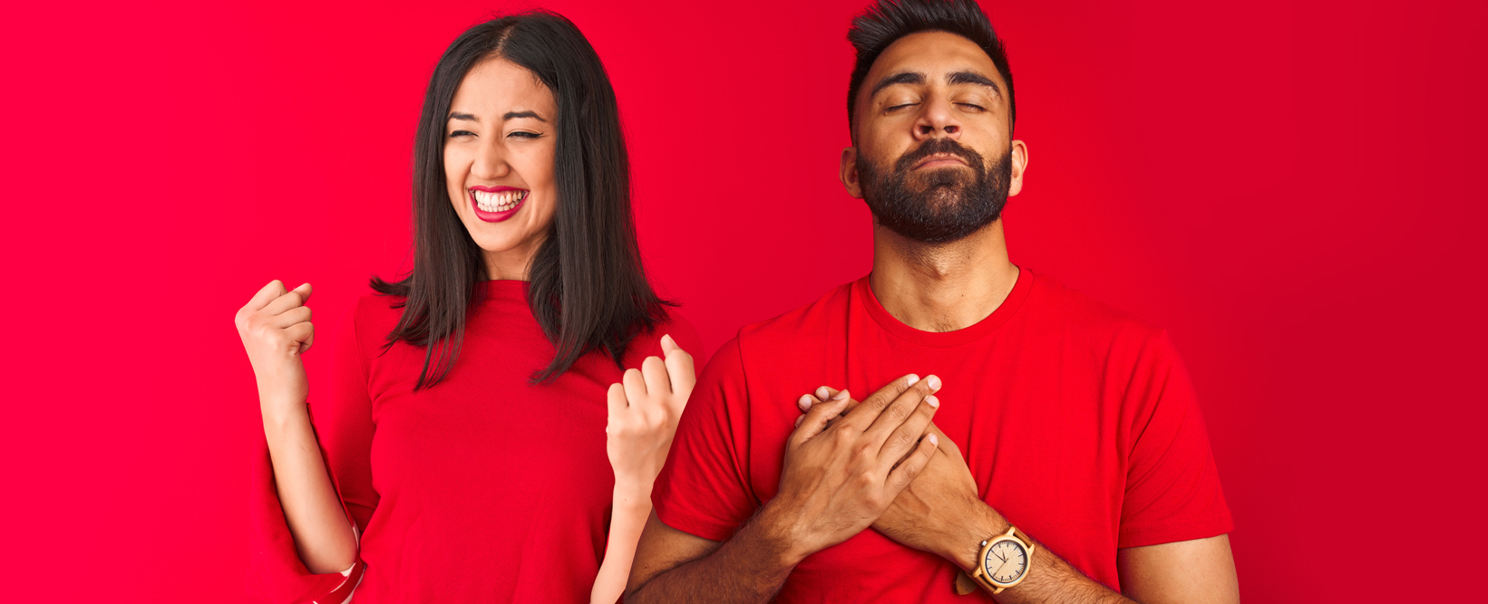 TTUHSC employees on red background, the female employee is celebrating and the male employee is meditating.